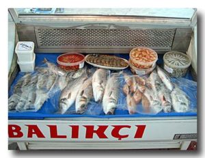 魚が並ぶ冷ケース　チェシメのレストラン